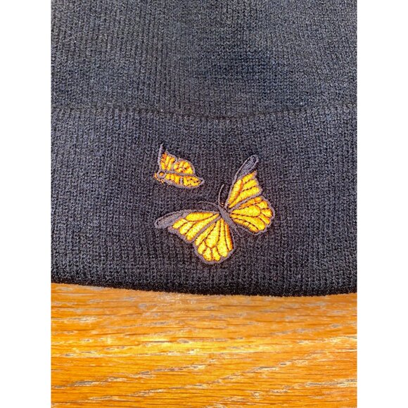 Butterfly Embroidered Black Knit Beanie Hat - Picture 2 of 2